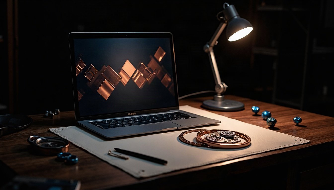 Établi d’horloger moderne avec ordinateur portable, lampe-loupe et plateau de rouages