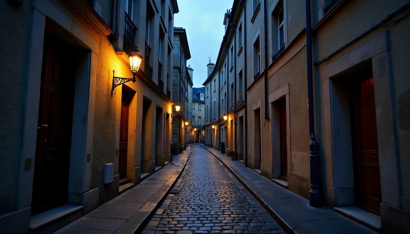 Rue ancienne du Marais au crépuscule, lampes cuivrées et pavés mouillés