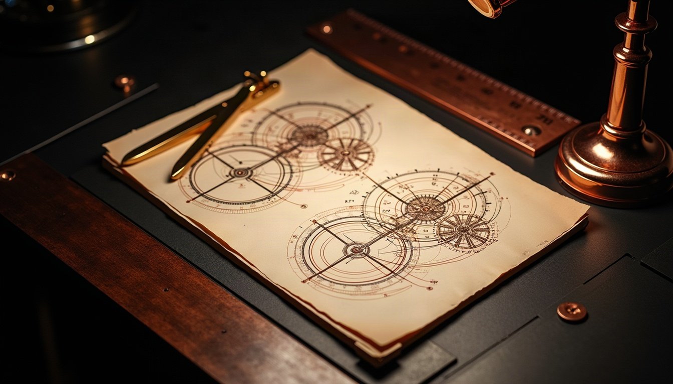 Plans techniques de rouages à l’encre cuivre sur papier ivoire, compas et règle
