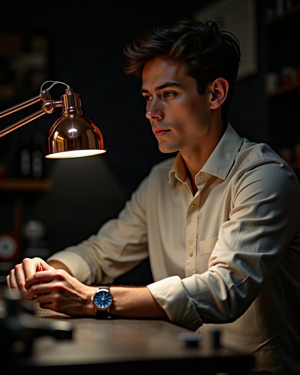 Le fondateur de la manufacture, loupe d’horloger à la main, dans l’atelier